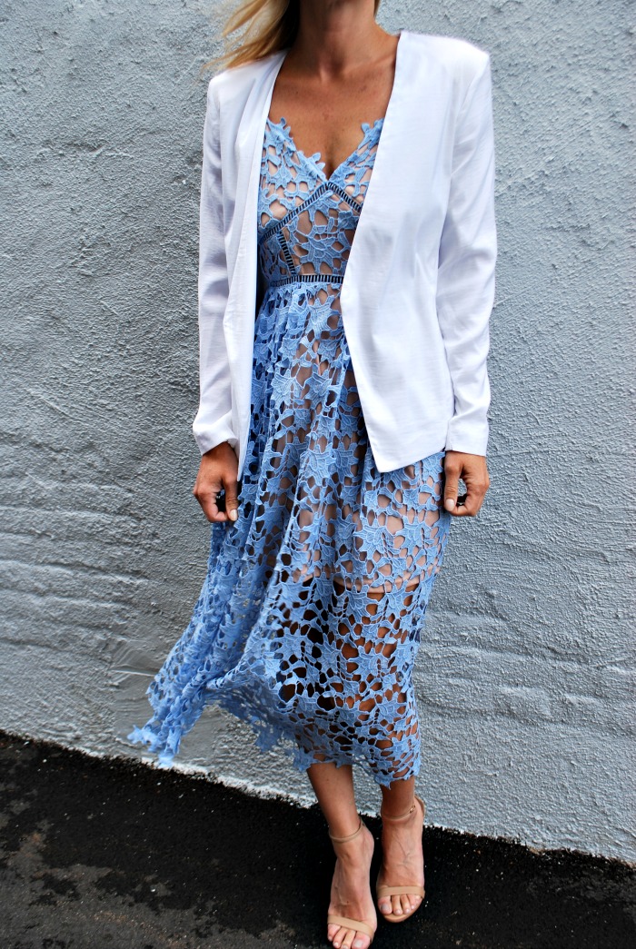 Aqua Lace Dress//White Blazer //Steve Madden Sandals