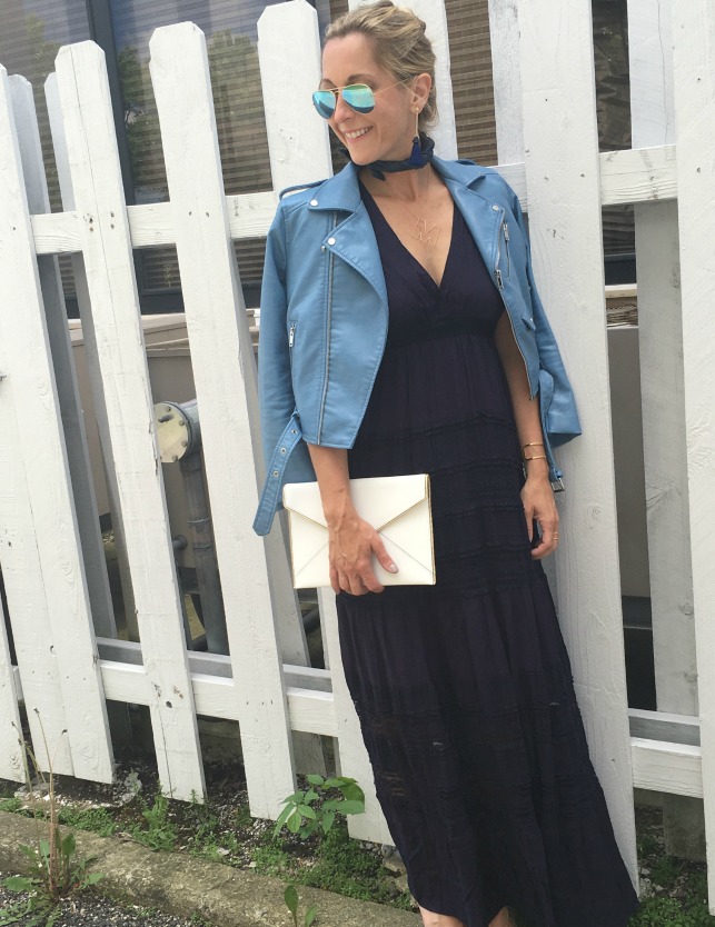 woman wearing Maxi dress with leather jacker for june style board