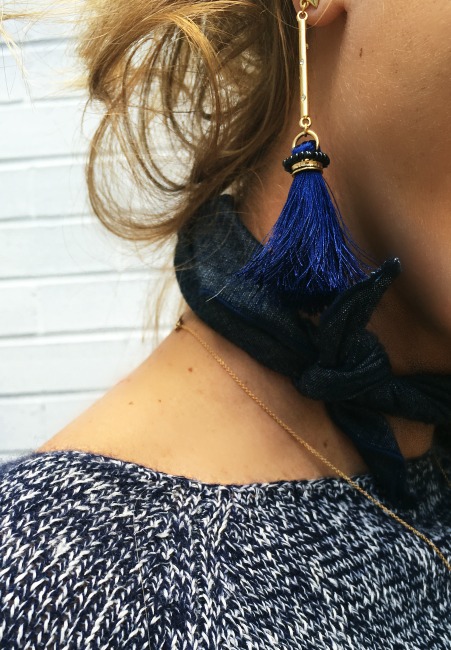 blue tassel earrings for  Memorial Day accessory close-up