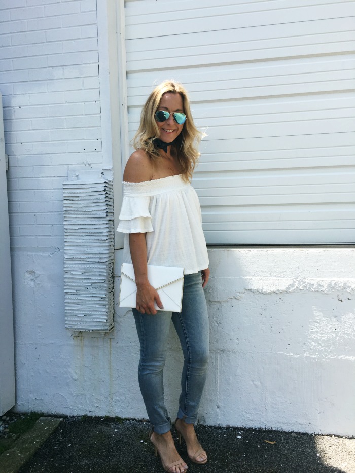 woman wearing Off Shoulder top and jeans for Memorial Day from June Style Board