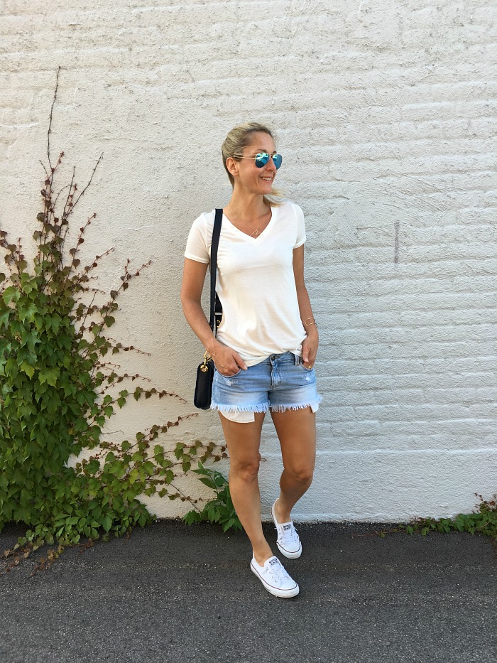 White tee and cutoffs