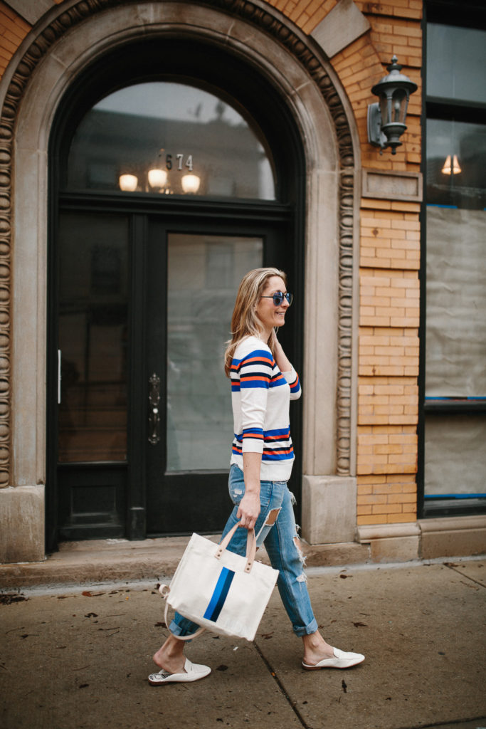 Megan Medica is wearing a Striped Sweater, Distressed Boyfriend Jeans and White Mules