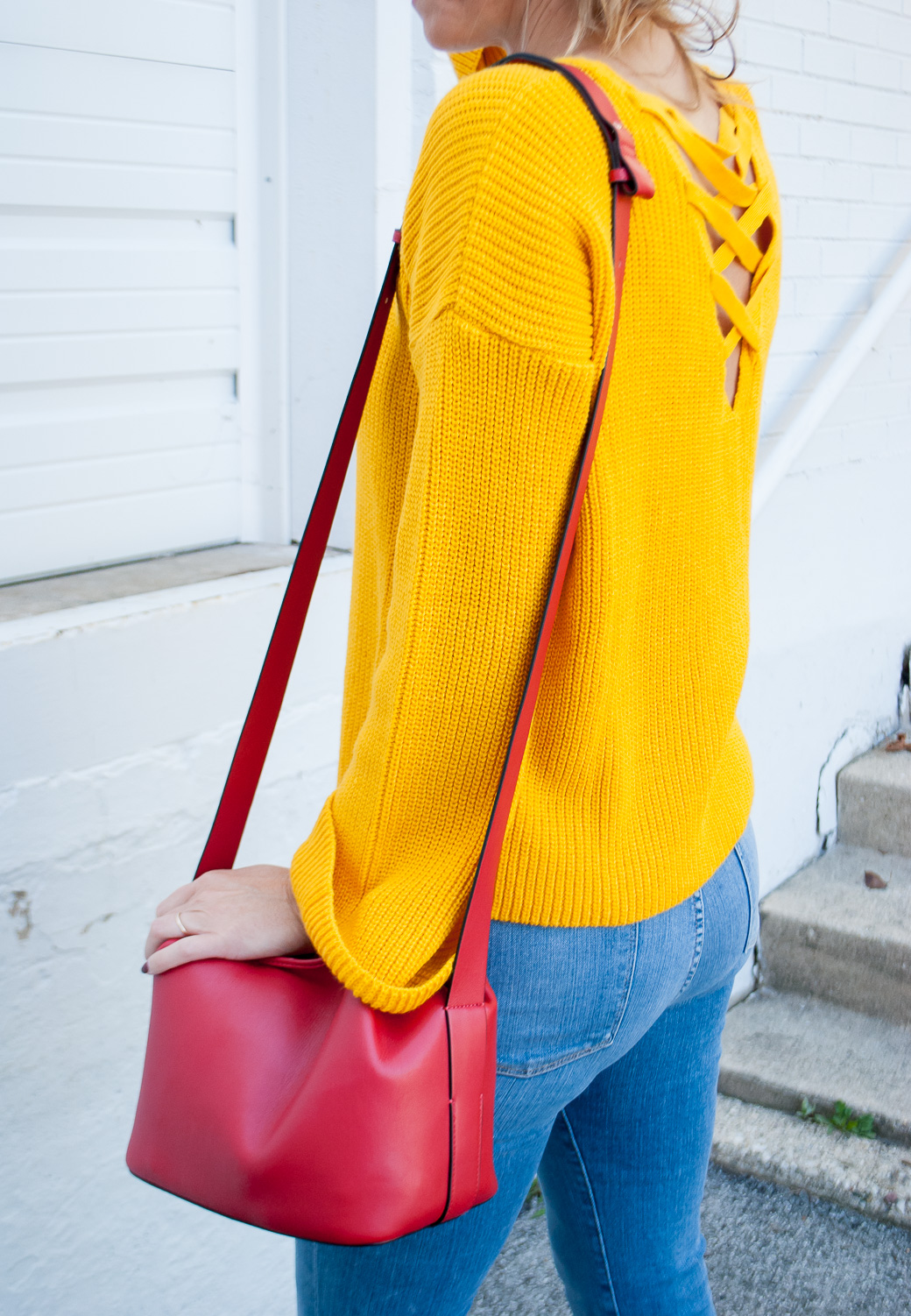 side view of a marigold fall color outfit