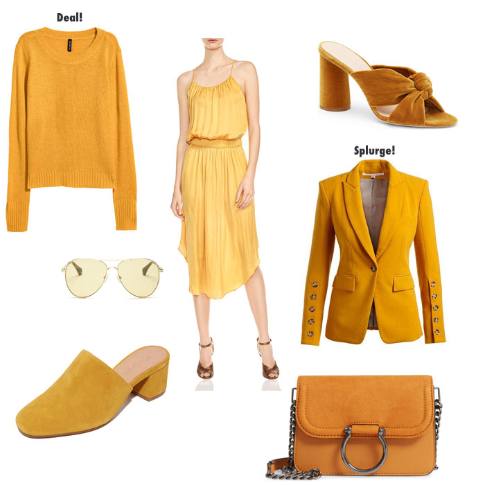 the color marigold is perfect for fall as seen here in these clothing choices