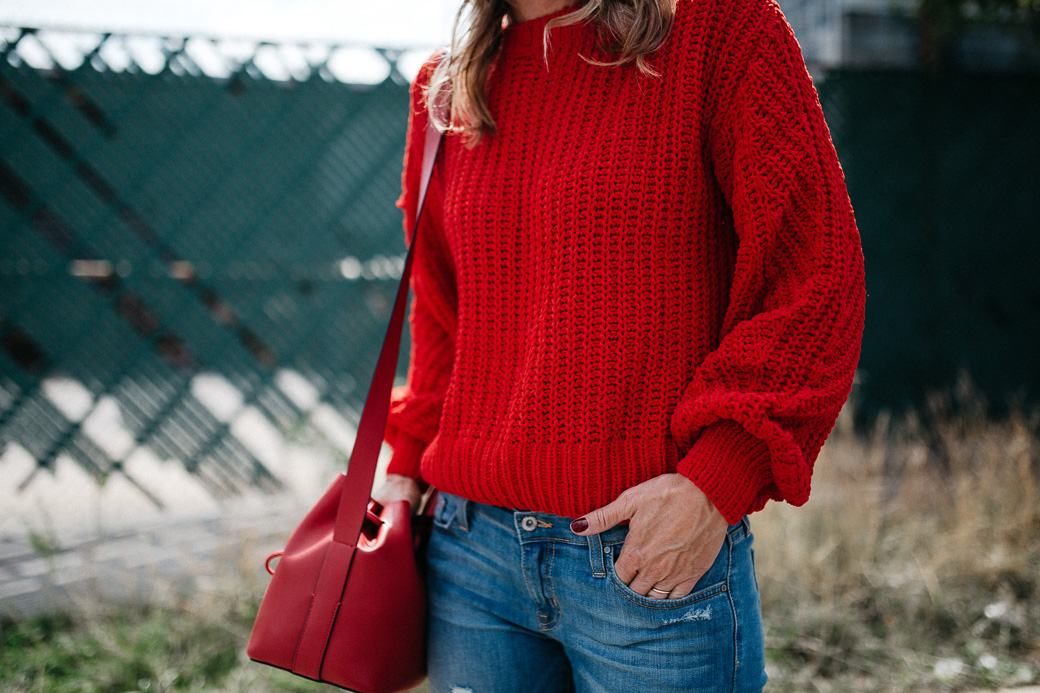 blue jeans red sweater