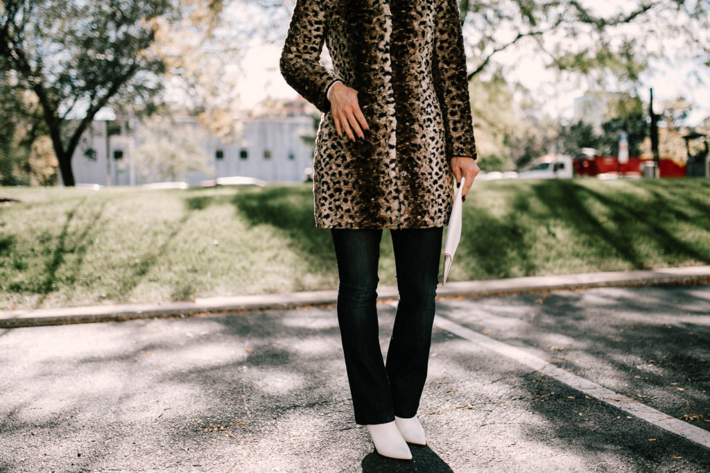 Leopard Print Coat with white boots and white clutch