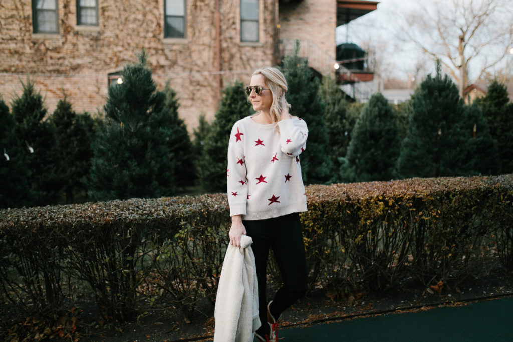 Red Star Sweater with Black Leather Leggings and Nordic Boots