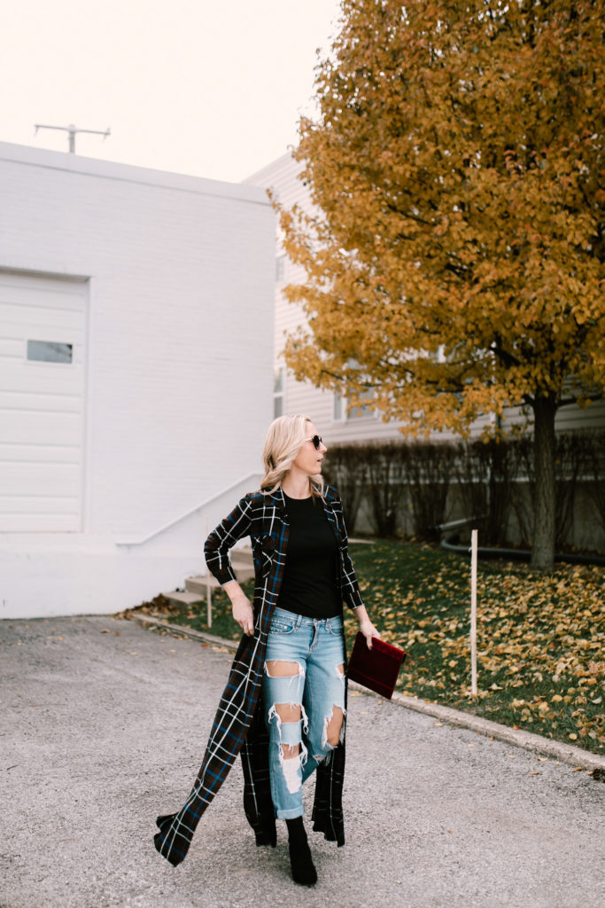 Plaid maxi dress with distressed denim, fitted black tee and black booties