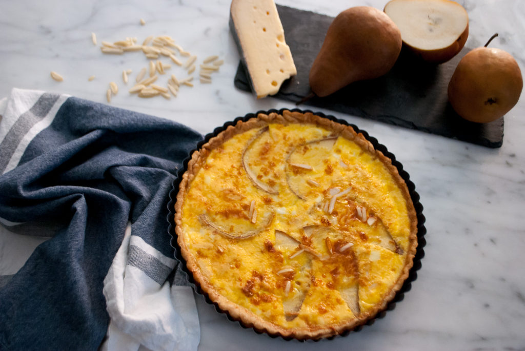 Quiche with pear, Swiss cheese and almonds