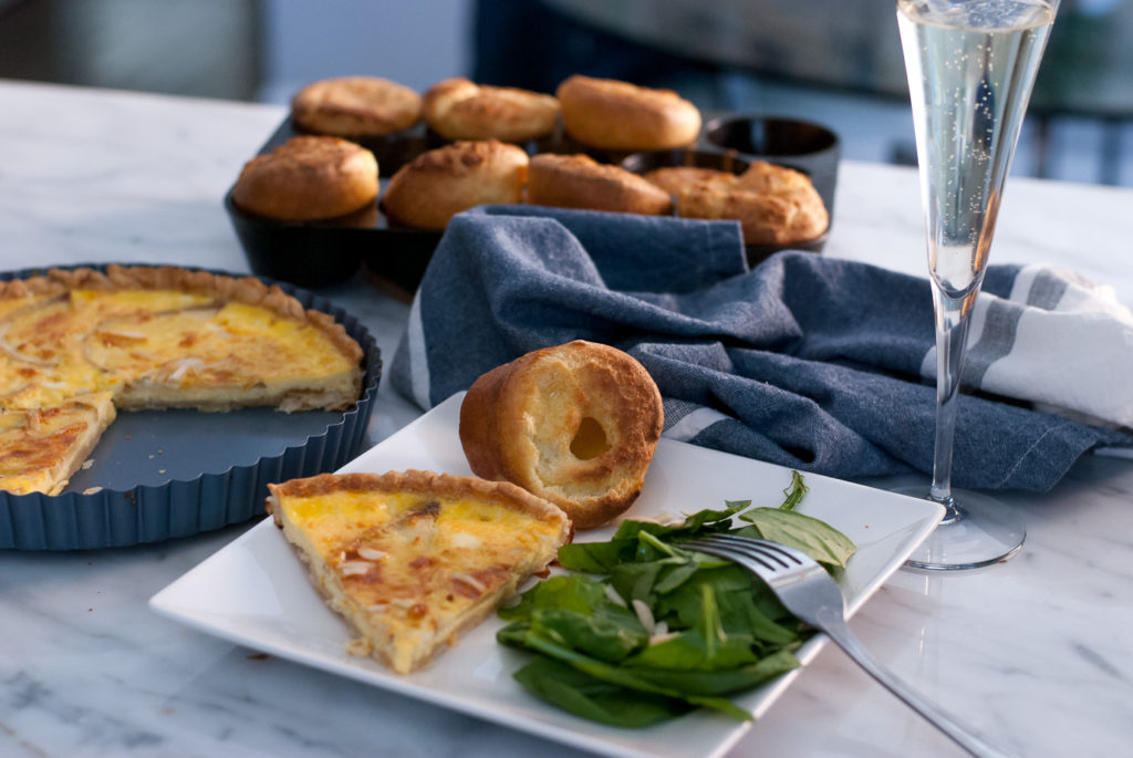 Quiche with simple salad and popovers