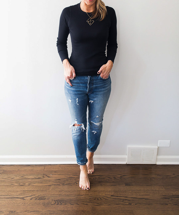 woman wearing jeans and Splendid 1X1 long sleeve black basic tee
