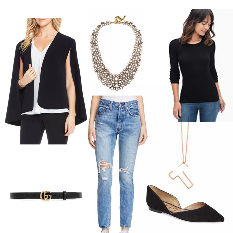 mood board Black Basics: Black cape, black tee, statement necklace, denim, black flats for a go-to basic black everyday outfit