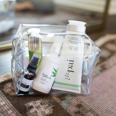 Morning Skin Care Routine Beauty Products in clear cosmetic bag
