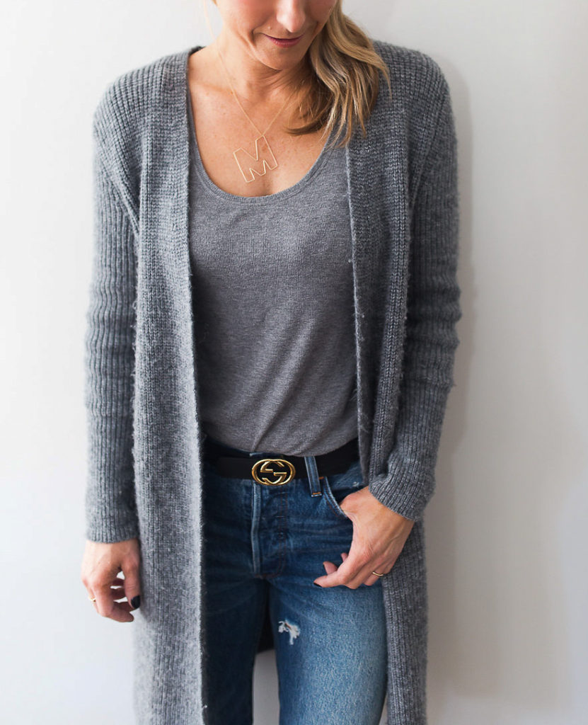 Add a long cardigan to your basics like denim and a tank to achieve an everyday look