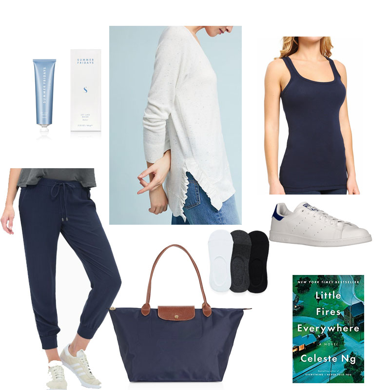 Travel Attire mood board of outfit basics plus current read and jet lag face mask 