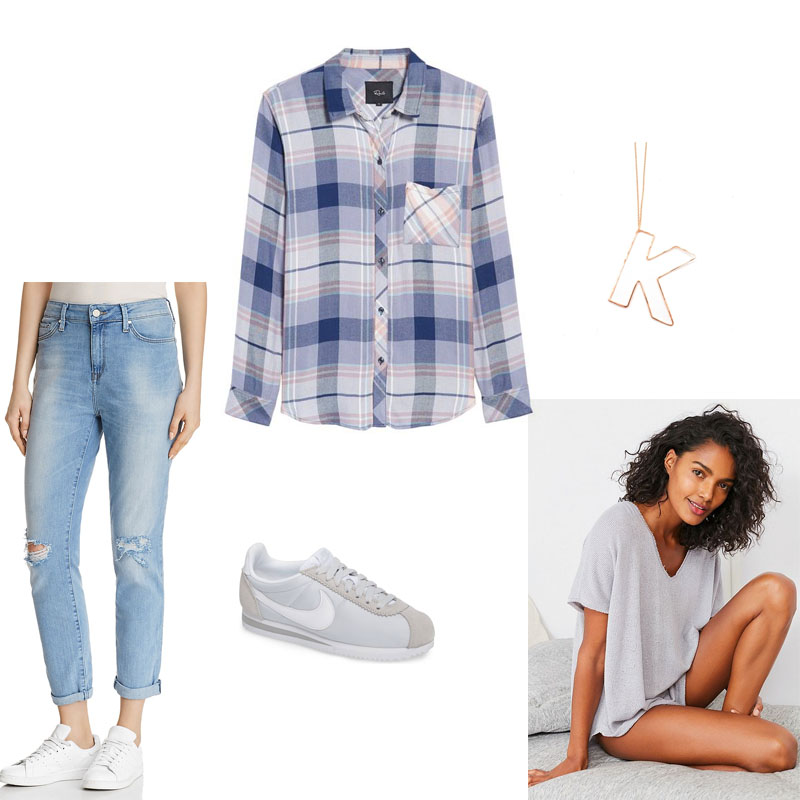 Transitioning Seasons With stripes Mood Board for spring of light-colored denim, plaid button down, short sleeve thermal top, street style sneakers and a gold necklace 