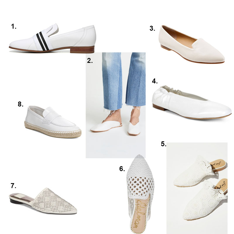 Collage of white loafers and white mules for spring