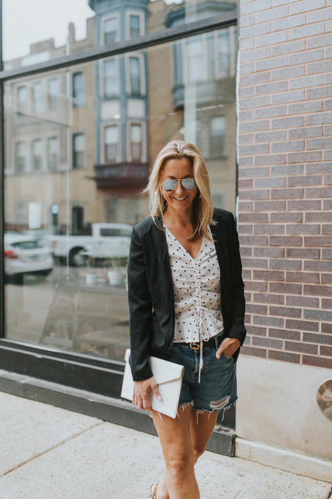 Business casual outfit with denim shorts