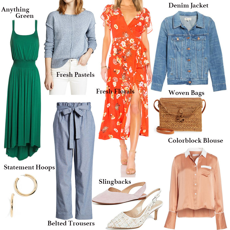 Spring Wardrobe Checklist including a Green Dress, Blue Pastel Sweater, Red Floral Maxi, Denim Jacket, Woven Bag, Colorblock Blouse, Slingbacks, Belted Trouser, Statement Hoops