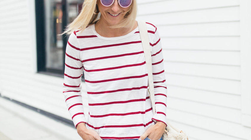 red and white striped long sleeve shirt, denim shorts, white sunglasses, lobster beach tote