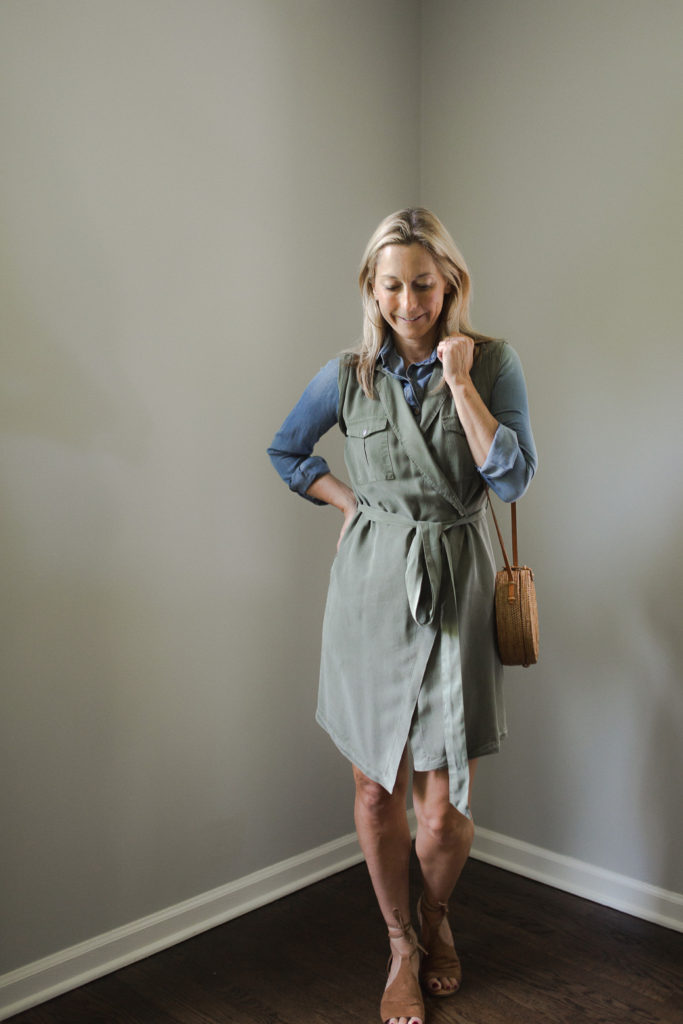 a wrap dress with a chambray shirt