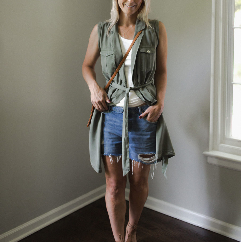 Wrap dress, denim shorts and a white tank - Never Without Navy