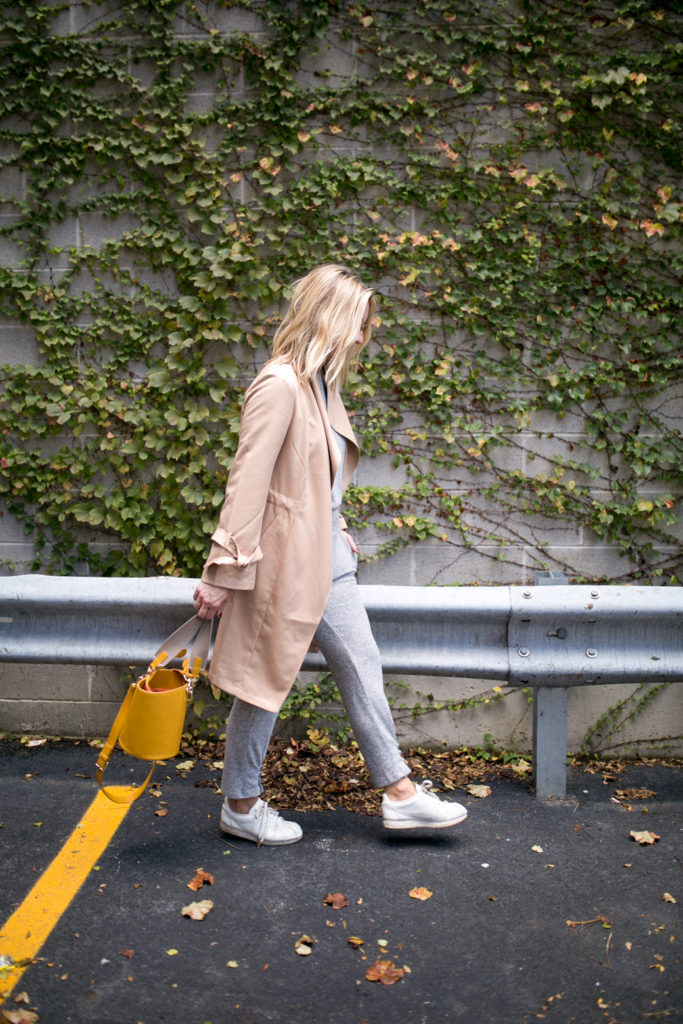 all grey outfit with trench coat