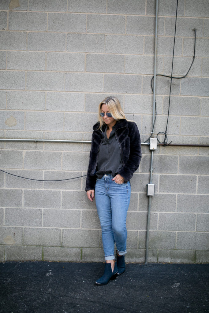 faux fur jacket with denim and button down