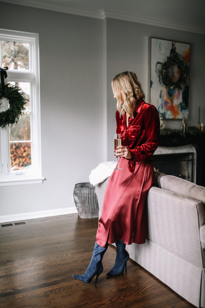 red velvet shirt outfit