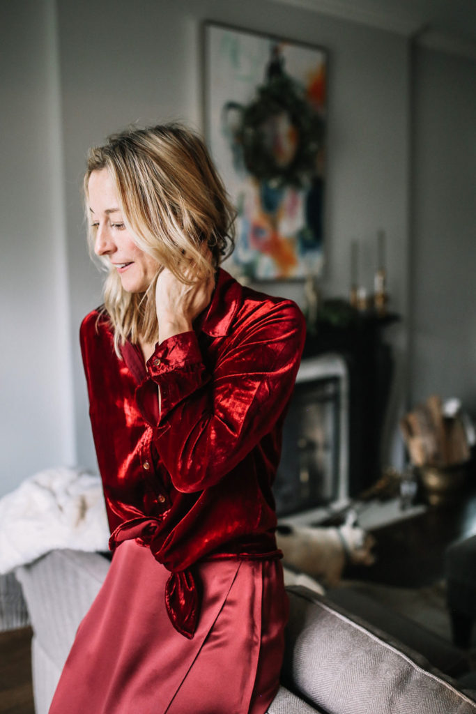 red velvet shirt outfit