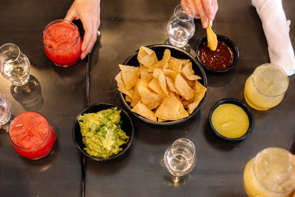 Chips, salsa, guacamole and margueritas