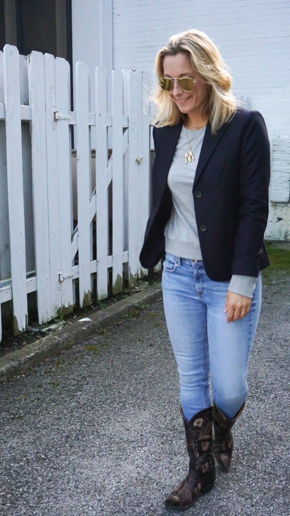 gray sweatshirt and blazer style