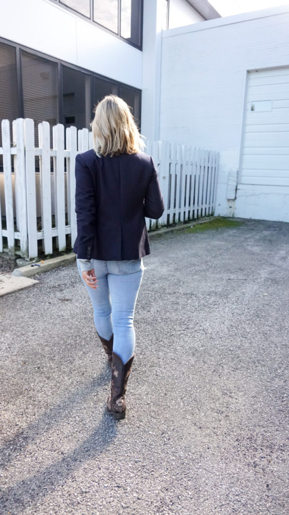 blazer, denim, and boots combo